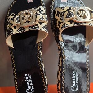 Black & Beige Patterned Women's Slide Sandals